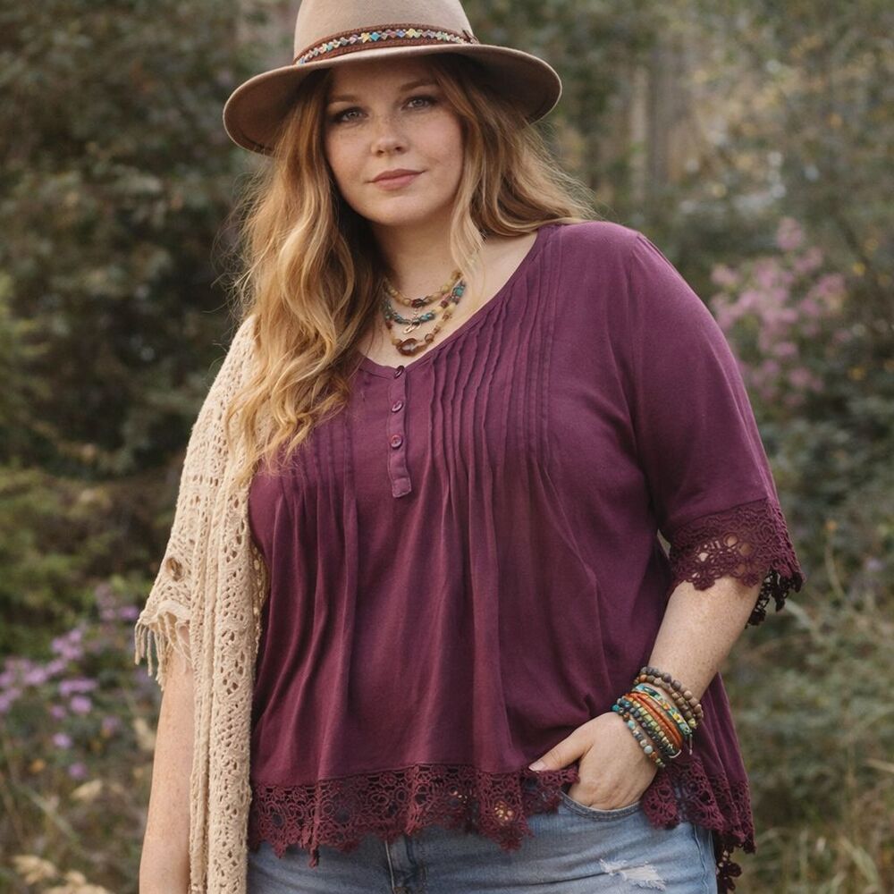 Womens Boho Blouse 3X Purple Lace Trim Tunic Peasant Casual Top Retro Hippie